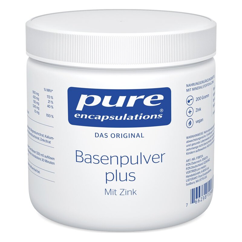 Weißer Kunststoffbehälter mit Schraubverschluss, enthält Basenpulver mit Zink, kennzeichnet vegane Inhaltsstoffe.