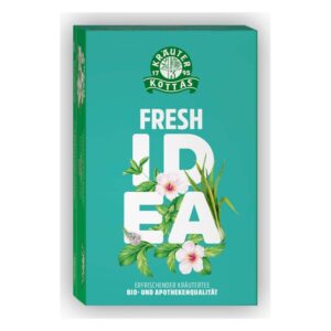 Verpackung von Kräutertee „Fresh Idea“ in Türkis mit Pflanzenmotiven und dem Hinweis auf Bio-Qualität.