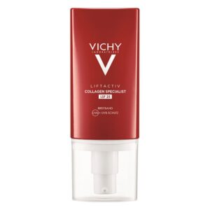 Rote Verpackung mit Pumpspender von Vichy Liftactiv Collagen Specialist, LSF 25, für UV-Schutz.