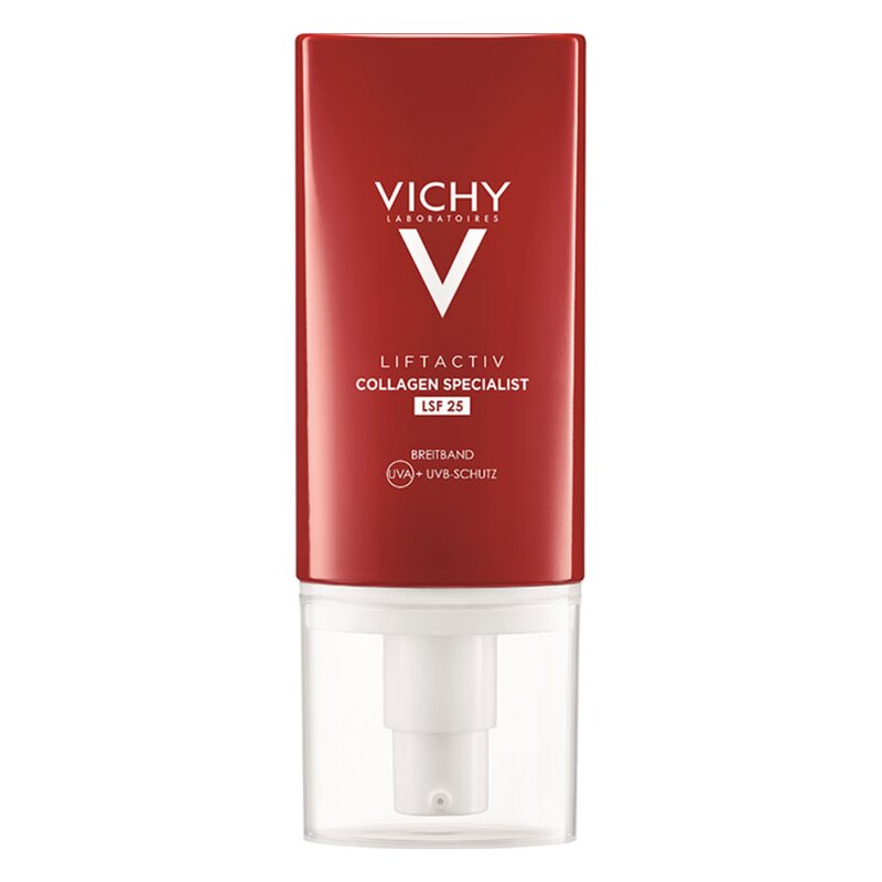 Rote Verpackung mit Pumpspender von Vichy Liftactiv Collagen Specialist, LSF 25, für UV-Schutz.