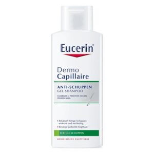 Flasche Eucerin Dermo Capillaire Anti-Schuppen Gel Shampoo für fettige Schuppen mit beruhigender Wirkung.