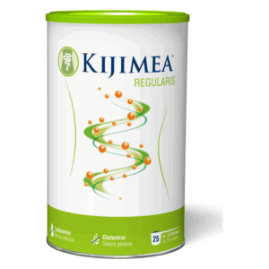Dose von Kijimea Regularis mit grünem Deckel und grafischen Elementen auf weißem Hintergrund, laktose- und glutenfrei.