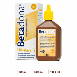 Flüssigseife von Betadona in braunem Flakon mit gelber Kappe, verpackt in weißer Box, 120 ml.