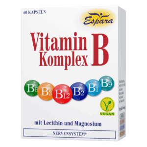 Packung mit 60 Kapseln Vitamin B Komplex, enthält Auflistung der Vitamine B1 bis B12 in bunten Kugeln, vegan.