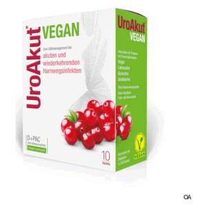 Verpackung von UroAkut VEGAN zur Unterstützung bei Harnwegserkrankungen, mit roten Beeren und wichtigen Inhaltsstoffen.