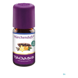 Flasche mit ätherischem Öl "Märchenduft" in einer braunen Glasflasche mit lila Schraubverschluss.