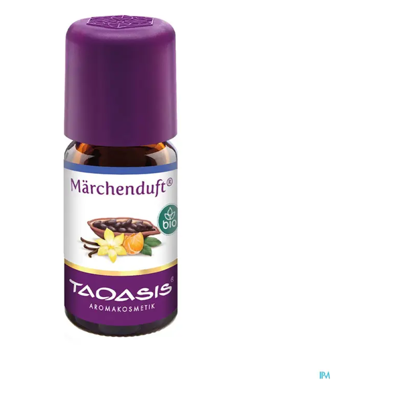 Flasche mit ätherischem Öl "Märchenduft" in einer braunen Glasflasche mit lila Schraubverschluss.