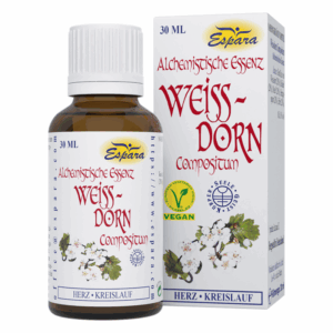 Braune Glasflasche mit Alchemistischer Essenz Weißdorn, 30 ml, vegan, umgeben von einer weißen Verpackung.