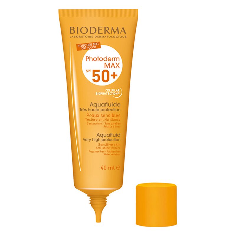 Sonnenschutzmittel in einer orangen Tube mit schwarzem Schriftzug, speziell für empfindliche Haut, SPF 50+.