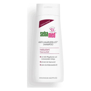 Flasche mit sebamed Anti-Haarverlust Shampoo, das Haarverlust reduziert und die Haarwurzel aktiviert.