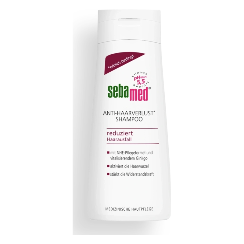 Flasche mit sebamed Anti-Haarverlust Shampoo, das Haarverlust reduziert und die Haarwurzel aktiviert.