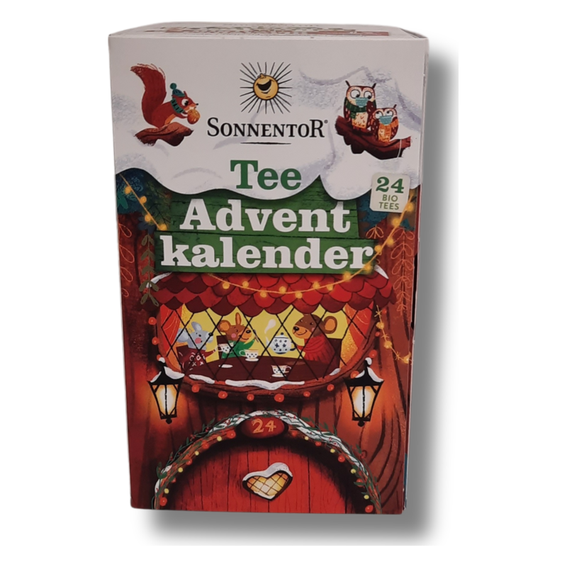 Adventskalender für Tee von Sonnentor mit 24 Bio-Tees, farbenfrohe, winterliche Gestaltung und Fensterdarstellungen.