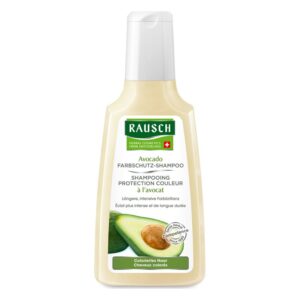 Flasche mit Rausch Avocado Farbschutz-Shampoo, cremige Verpackung mit grünem Etikett und Abbildung einer Avocado.