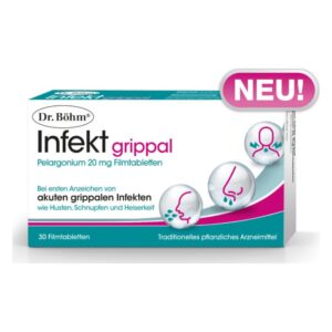 Packung mit Dr. Böhm Infekt grippal, enthält Pelargonium 20 mg Filmtabletten zur Behandlung grippeähnlicher Symptome.