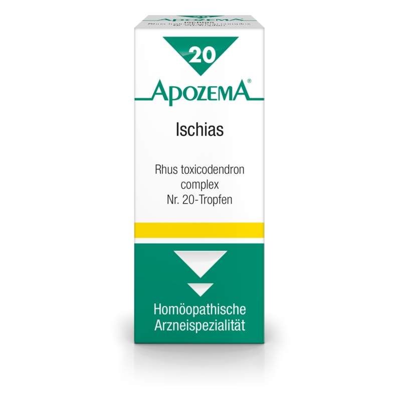 Verpackung von Apozema Ischias, homöopathische Tropfen mit Rhus toxicodendron, in einer schmalen, weißen Box.