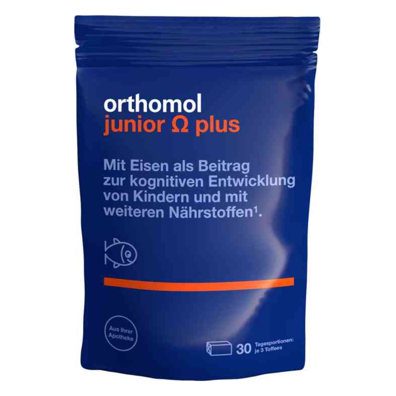 Verpackung von Orthomol junior Ω plus, nährstoffreiche Ergänzung für die kognitive Entwicklung von Kindern.