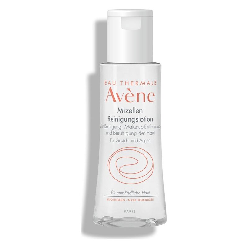 Transparente Flasche mit schwarzem Deckel, enthält Mizellen Reinigungs-lotion von Avène für empfindliche Haut.