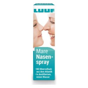 Verpackung von LUUF Mare Nasenspray mit blauem Design, Kontakt zwischen Mutter und Kind im Hintergrund.