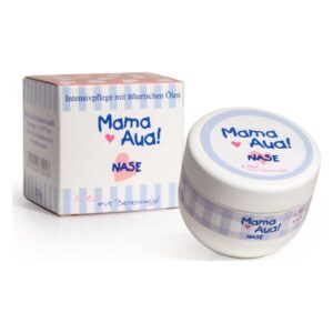 Runde Creme-Dose mit dem Aufdruck 'Mama Aua! Nase' neben einer quadratischen Verpackung mit Streifenmuster.