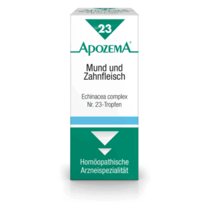Verpackung von ApoZEMA Mund und Zahnfleisch Tropfen mit Echinacea-Komplex, grün-weiße Box mit blauen Akzenten.