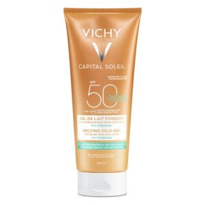 Sonnencreme in einer goldfarbenen Tube mit SPF 50, für feuchte und trockene Anwendung geeignet.