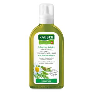 Flasche mit Haar-Tonic von Rausch, grün mit einer weißen Blume und Beschreibung zur Anwendung für gesunde Haare.