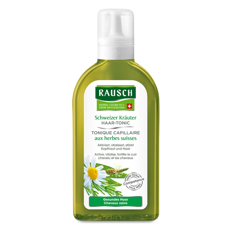 Flasche mit Haar-Tonic von Rausch, grün mit einer weißen Blume und Beschreibung zur Anwendung für gesunde Haare.