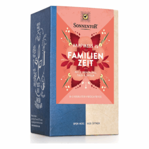 Verpackung von Sonnenblumen-Tee 'Familienzeit' mit Zitronengras, Tulsi und Äpfeln in buntem Design.