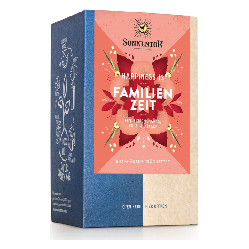 Verpackung von Sonnenblumen-Tee 'Familienzeit' mit Zitronengras, Tulsi und Äpfeln in buntem Design.