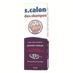 Verpackung eines Duo-Shampoos mit Illustrationen eines Kindes und Hinweisen zur Wirksamkeit und Anwendung.