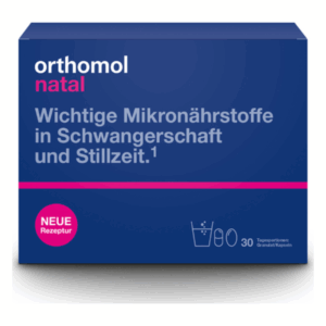 Packung von orthomol natal für wichtige Mikronährstoffe in Schwangerschaft und Stillzeit, mit blauer Verpackung und rosa Akzenten.