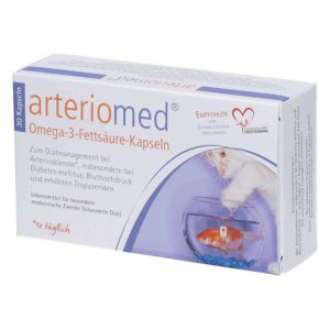 Verpackung von arteriommed Omega-3-Fettsäure-Kapseln mit Illustration einer Katze und einem Goldfisch im Glas.
