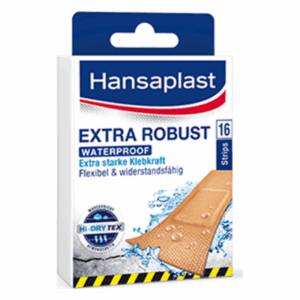 Packung mit wasserdichten, extra robusten Pflastern von Hansaplast, die flexible und starke Klebkraft bieten.
