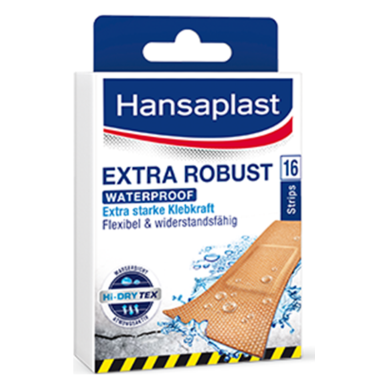 Packung mit wasserdichten, extra robusten Pflastern von Hansaplast, die flexible und starke Klebkraft bieten.