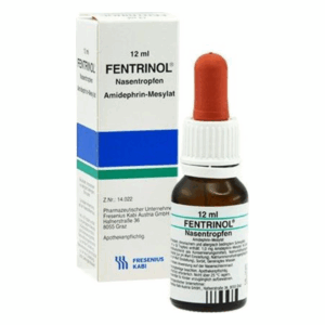 Braune Flasche mit weiem Deckel und rotem Tropfer, verpackt in einer blauen und weißen Schachtel mit der Aufschrift FENTRINOL Nasentropfen.