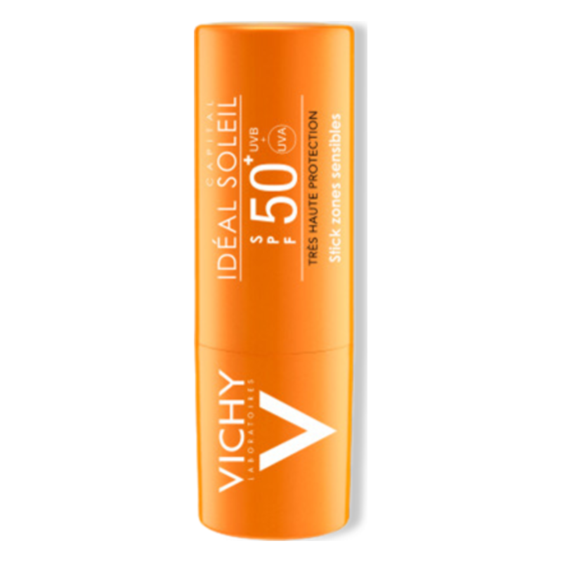 Sonnenpflege-Stick mit SPF 50 in orangefarbener Verpackung für empfindliche Hautzonen.