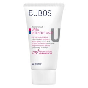 Handcremetube von EUBOS mit 5% Urea für intensive Feuchtigkeitsversorgung trockener Haut.