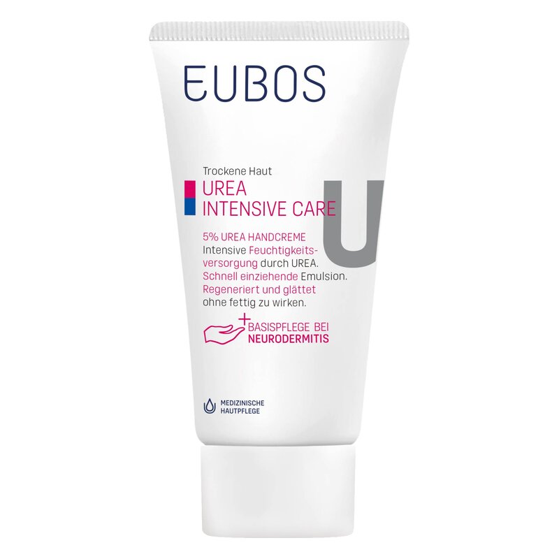 Handcremetube von EUBOS mit 5% Urea für intensive Feuchtigkeitsversorgung trockener Haut.