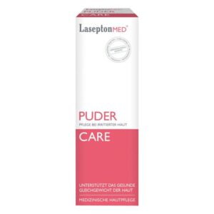 Verpackung eines medizinischen Hautpflege-Puders namens LaseptonMED, weiß mit pinken Akzenten, für gereizte Haut.