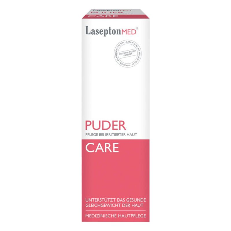 Verpackung eines medizinischen Hautpflege-Puders namens LaseptonMED, weiß mit pinken Akzenten, für gereizte Haut.