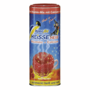 Runde Dose mit roter Tasse, gefüllt mit einem dampfenden Getränkepulver, fröhliche Gestaltung.