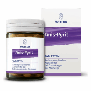 Glasbehälter mit runden Tabletten und einer weißen Verpackung, beschriftet mit Anis-Pyrid, Weleda, für Atemwegserkrankungen.