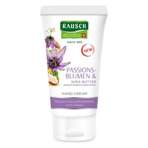 Eine Tube Handcreme mit Passionsblumen- und Sheabutter-Extrakt, von Rausch, in farbenfrohem Design.