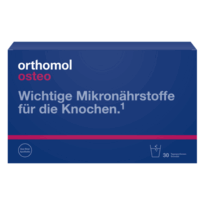Verpackung von Orthomol Osteo mit Informationen über Mikronährstoffe für die Knochen, blaue Farbgestaltung.