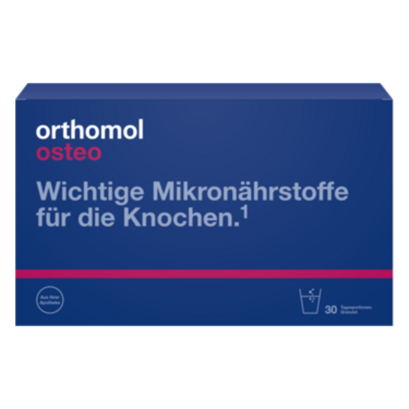 Verpackung von Orthomol Osteo mit Informationen über Mikronährstoffe für die Knochen, blaue Farbgestaltung.