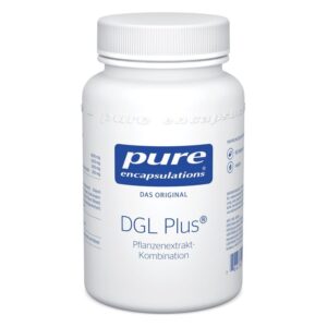 Weißer Kunststoffbehälter mit blauer Beschriftung, enthält die pflanzenbasierte Nahrungsergänzung DGL Plus.