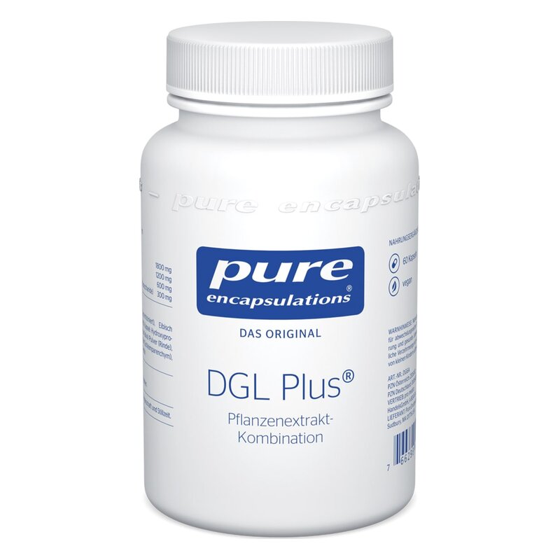 Weißer Kunststoffbehälter mit blauer Beschriftung, enthält die pflanzenbasierte Nahrungsergänzung DGL Plus.