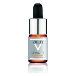 Flasche mit Hautpflege-Serum von Vichy, in klarer, eleganter Verpackung, mit Pipette zum Dosieren.
