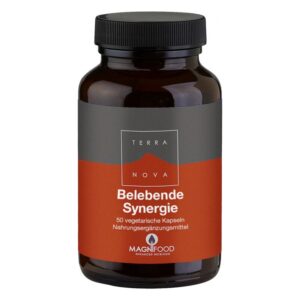 Dunkelbraune Flasche mit schwarzem Schraubverschluss, beschriftet mit "Belebende Synergie" und Inhaltsangaben.