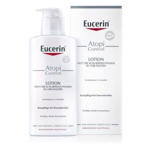 Eucerin Atopi Control Lotion in einer durchsichtigen Flasche mit Pumpe, umgeben von einer weißen Verpackung.